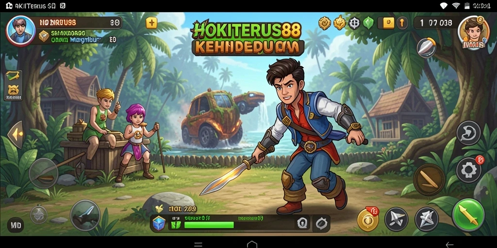 Screenshot HOKITERUS88 menunjukkan karakter pemain dalam misi simulasi kehidupan.
