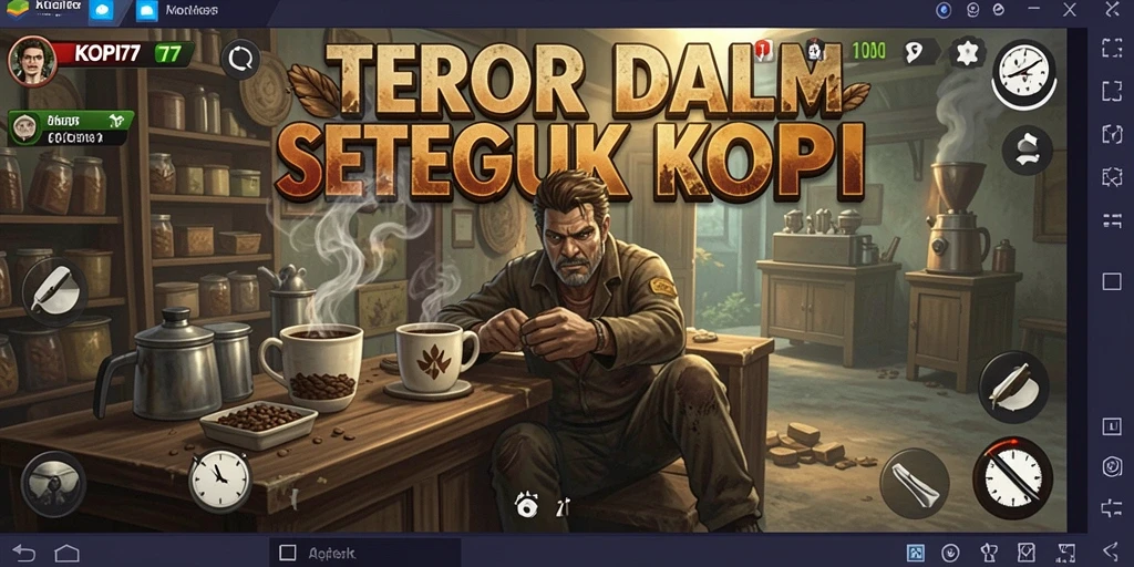 Screenshot utama KOPI77 menampilkan suasana mencekam saat gameplay.
