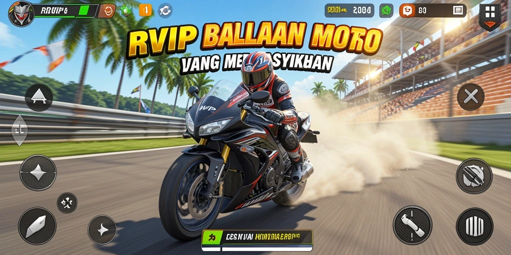 Screenshot gameplay RVIP menampilkan aksi balapan motor yang mendebarkan.