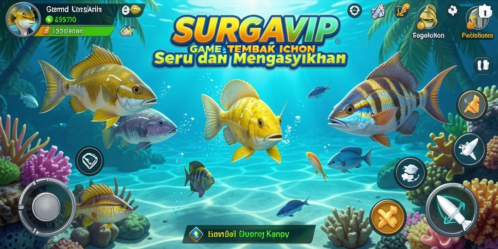 Tampilan gameplay seru SURGAVIP dengan ikan berwarna-warni.